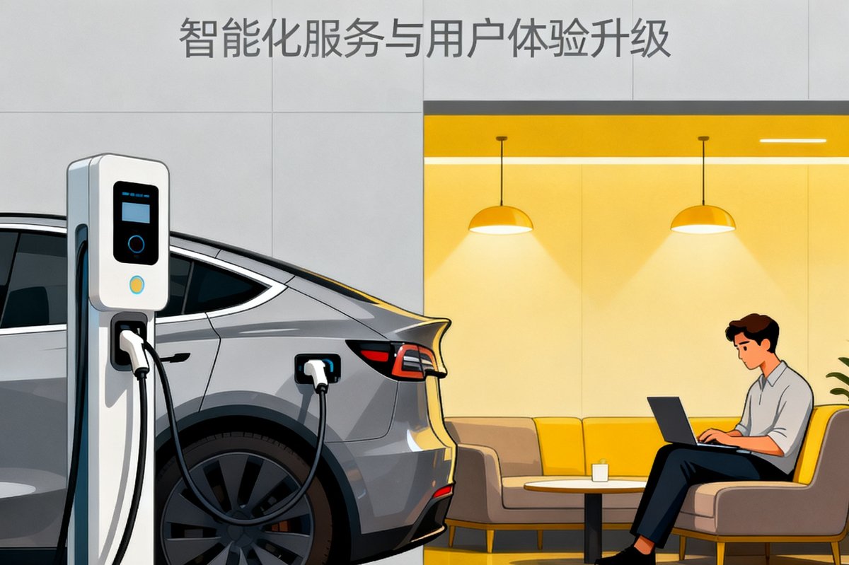 一篇关于新能源汽车售后服务趋势的文章配图，画面中一辆电动汽车正在充电，车主在旁边的休息区使用笔记本电脑