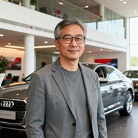 一位中年男性奥迪车主，戴眼镜，穿着灰色休闲西装，背景为车辆展厅